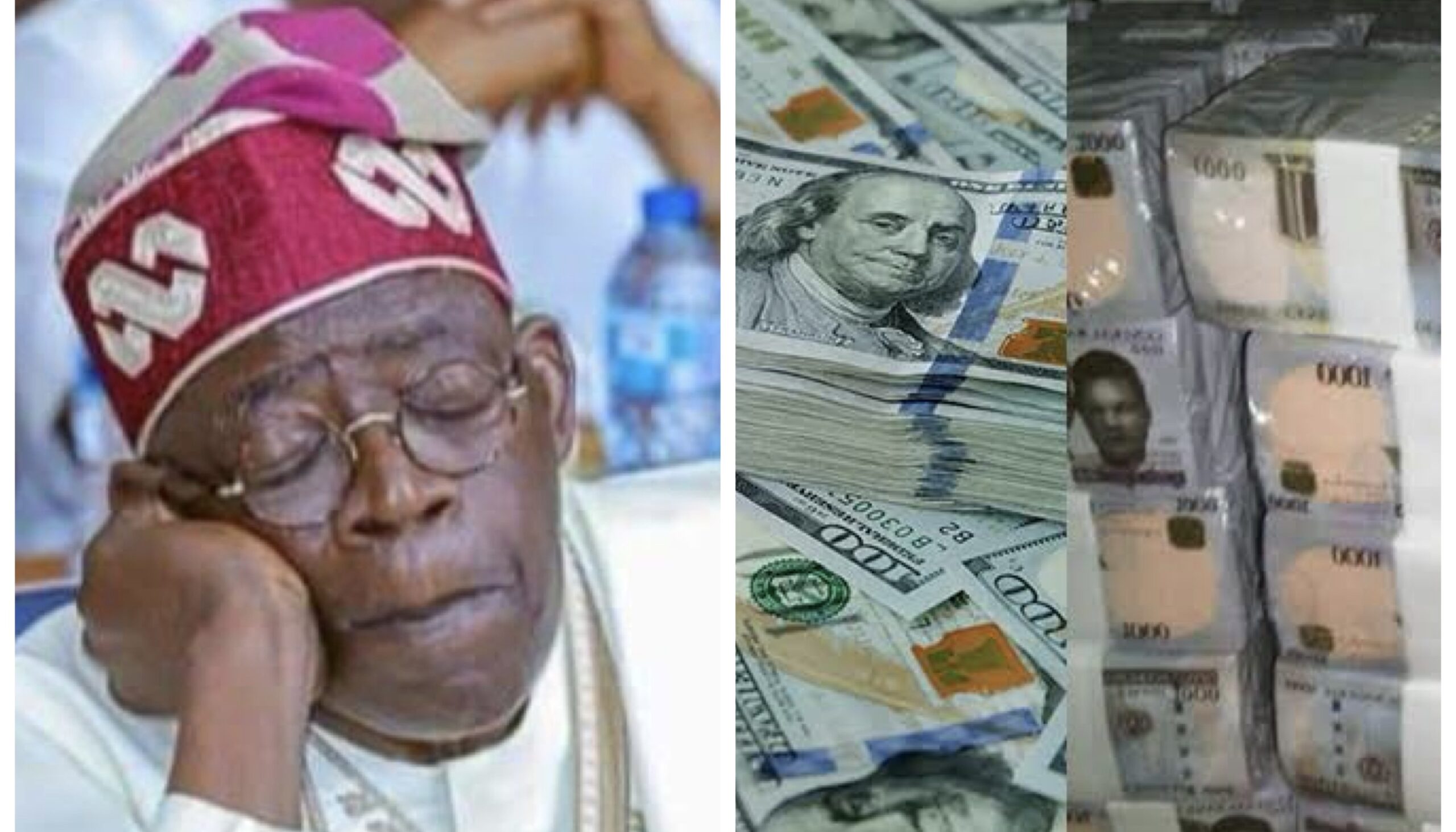 Bola Tinubu sleeping; stash of naira and dollars