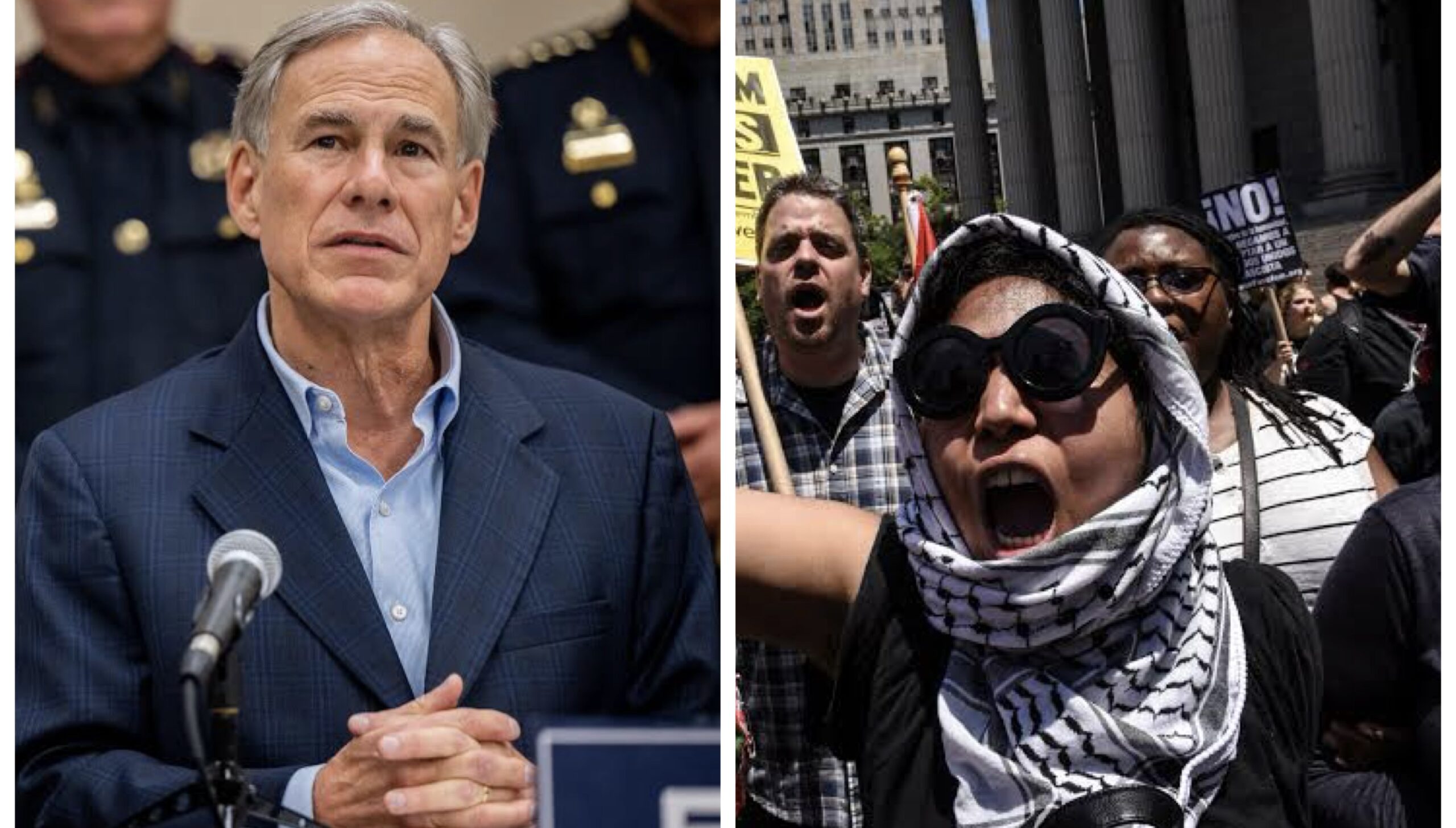 Governor Greg Abbott and protesting Sharia advocates