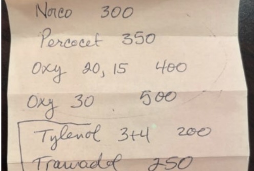 Note seized from Qayum’s clinic showing cash prices for control substance prescriptions