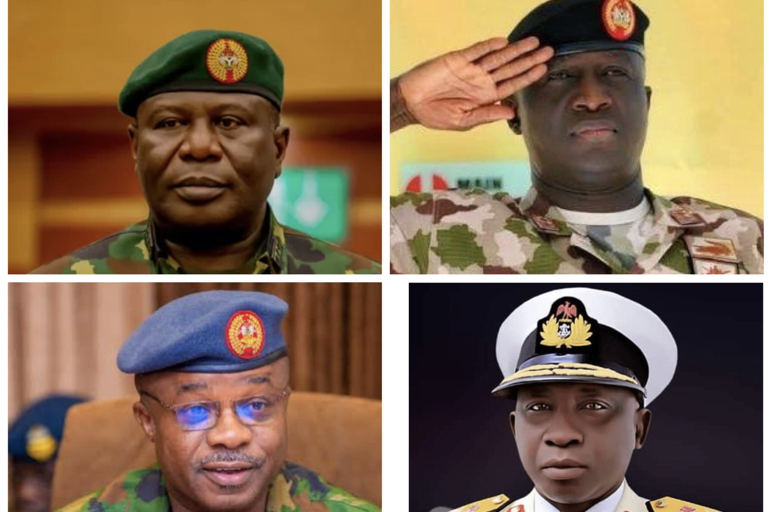 new Chief of Defence Staff, General Olufemi Oluyede; the Chief of Army Staff, Major-General W. Shaibu; the Chief of Air Staff, Air Vice Marshal S.K. Aneke; and the new Chief of the Naval Staff, Rear Admiral Iddi Abbas