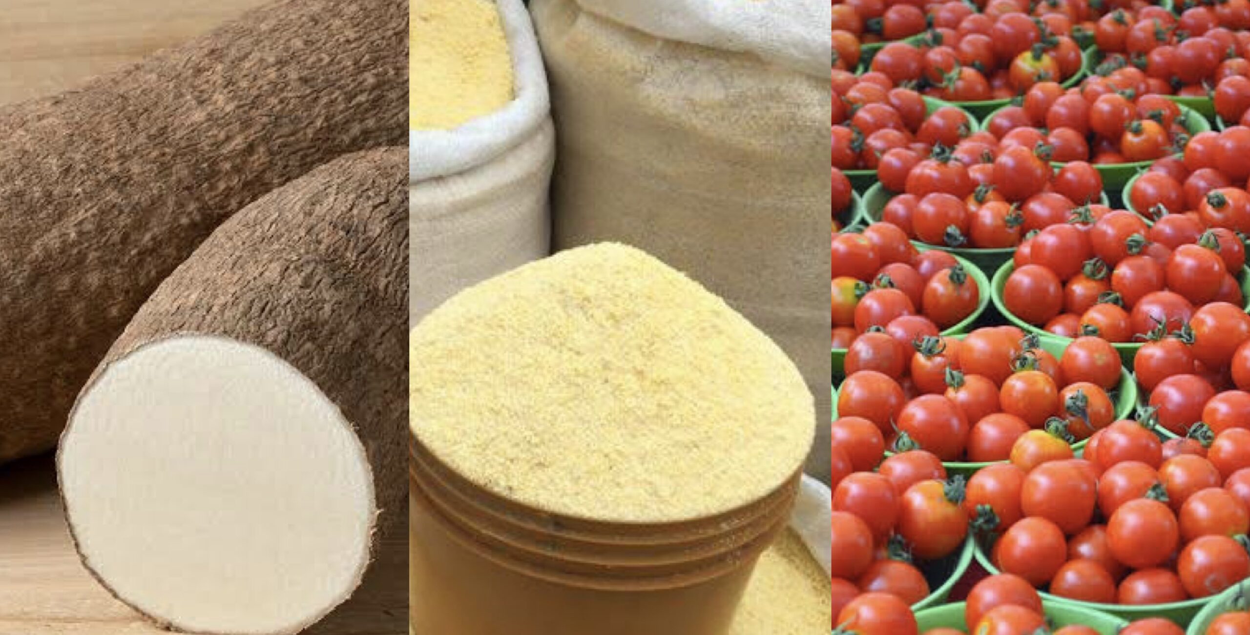 Yam (credit: Healthline), garri (credit: Osun defender) and tomatoes ( credit: farming farmers)