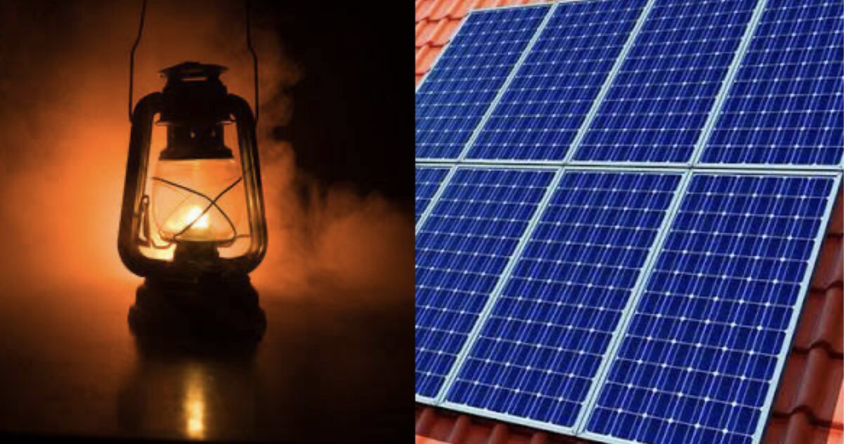 Lantern in darkness (credit: adobe stock) and solar panel ( eclipse energy)