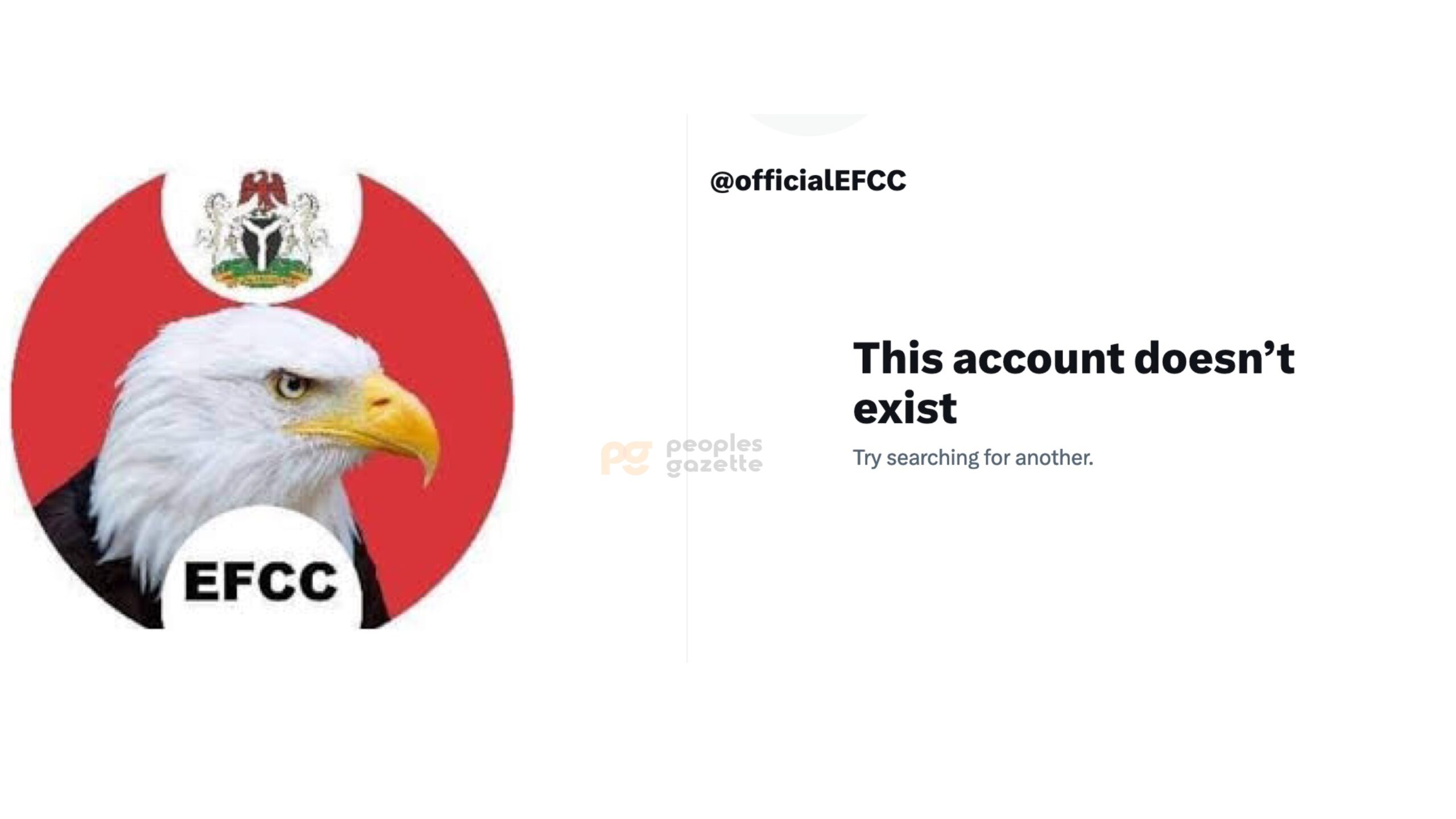 EFCC and a screenshot of its handle showing the error message