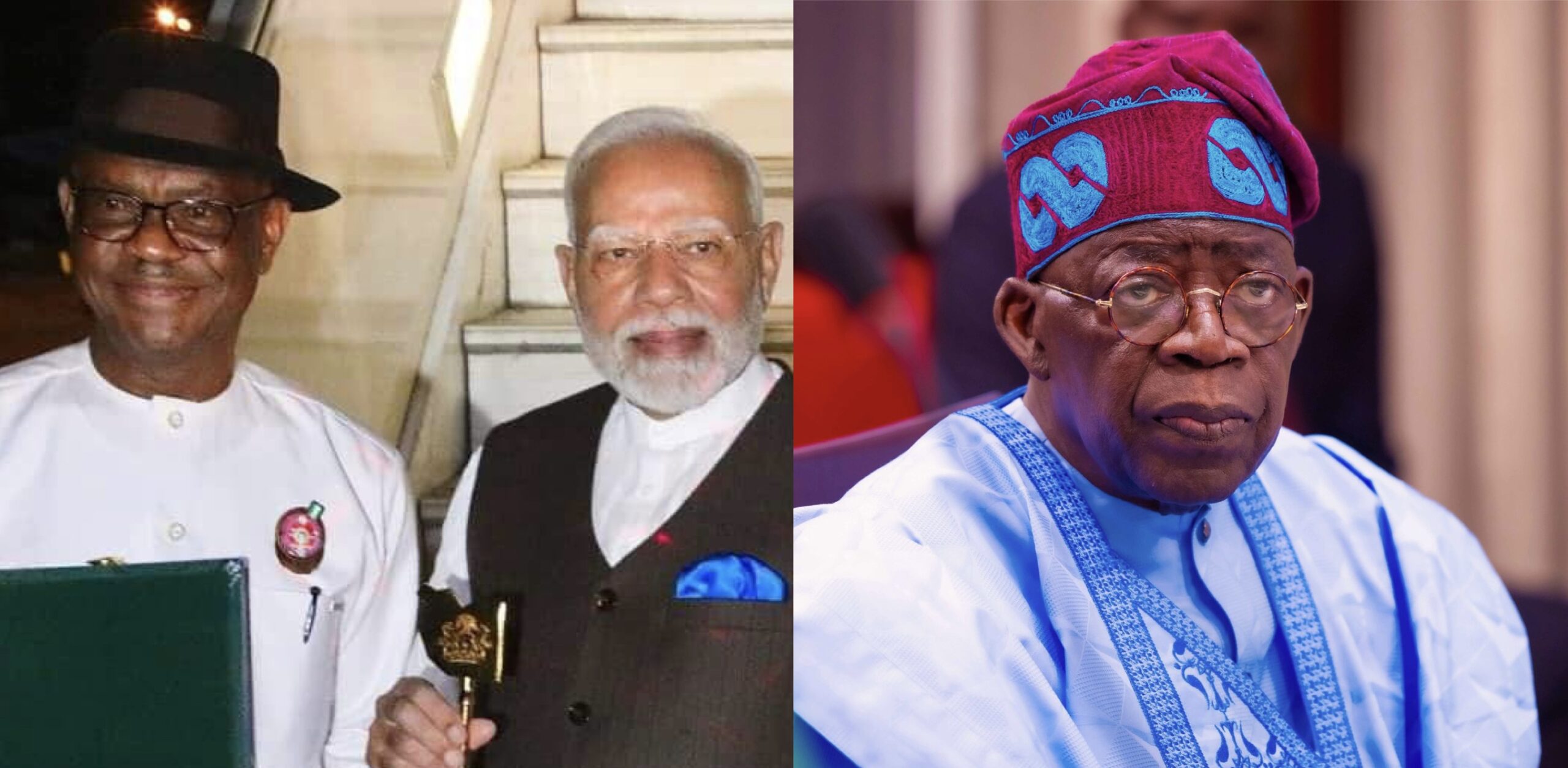 FCT Minister Nyesom Wike with Indian Prime Minister Narendra Modi and President Bola Tinubu