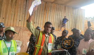 INEC ad hoc staff counting ballots under tree at Yakubu Gowon crescent, Aso villa