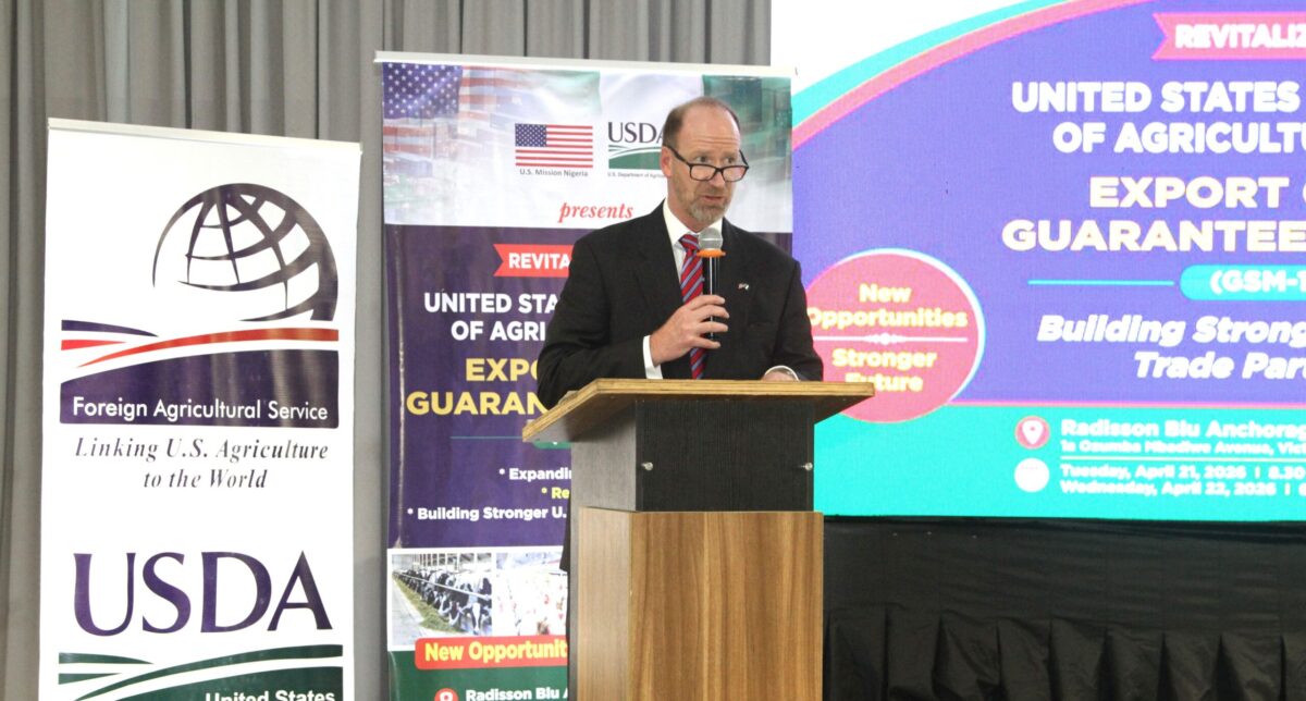 United States Consul General Rick Swart delivering opening remarks at the GSM-102 Revitalization event in Lagos.