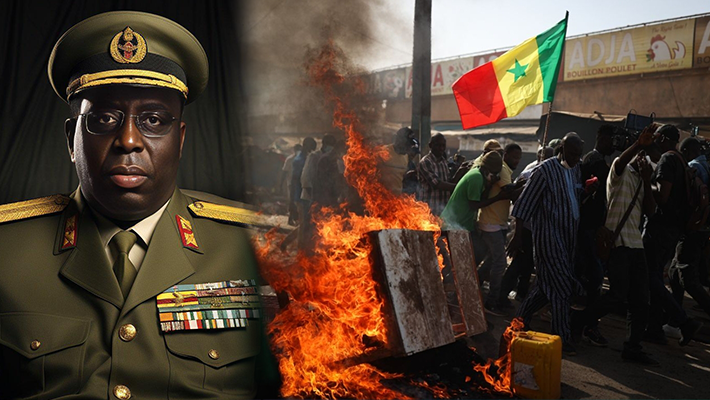 Macky Sall (Credit: X) and protesters in Senegal (Aljazeera)