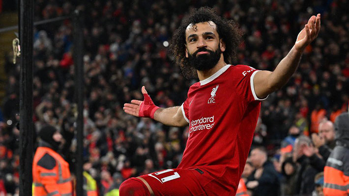 Mo Salah celebrates a goal during a game against Newcastle at Anfield
