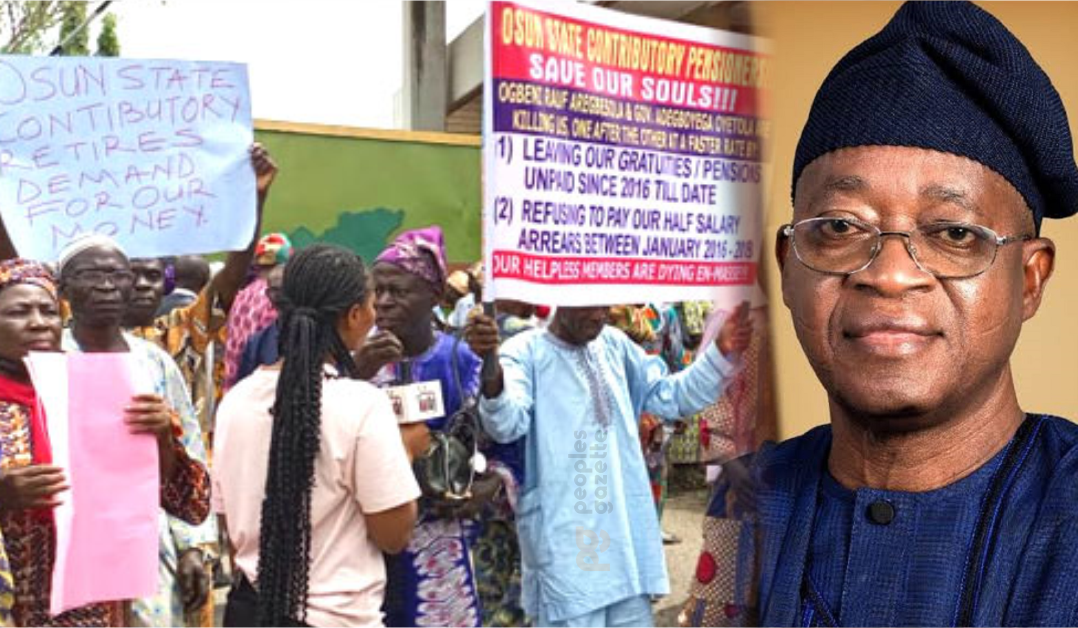 Osun pensioners protesting and Osun State governor, Adegboyega-Oyetola