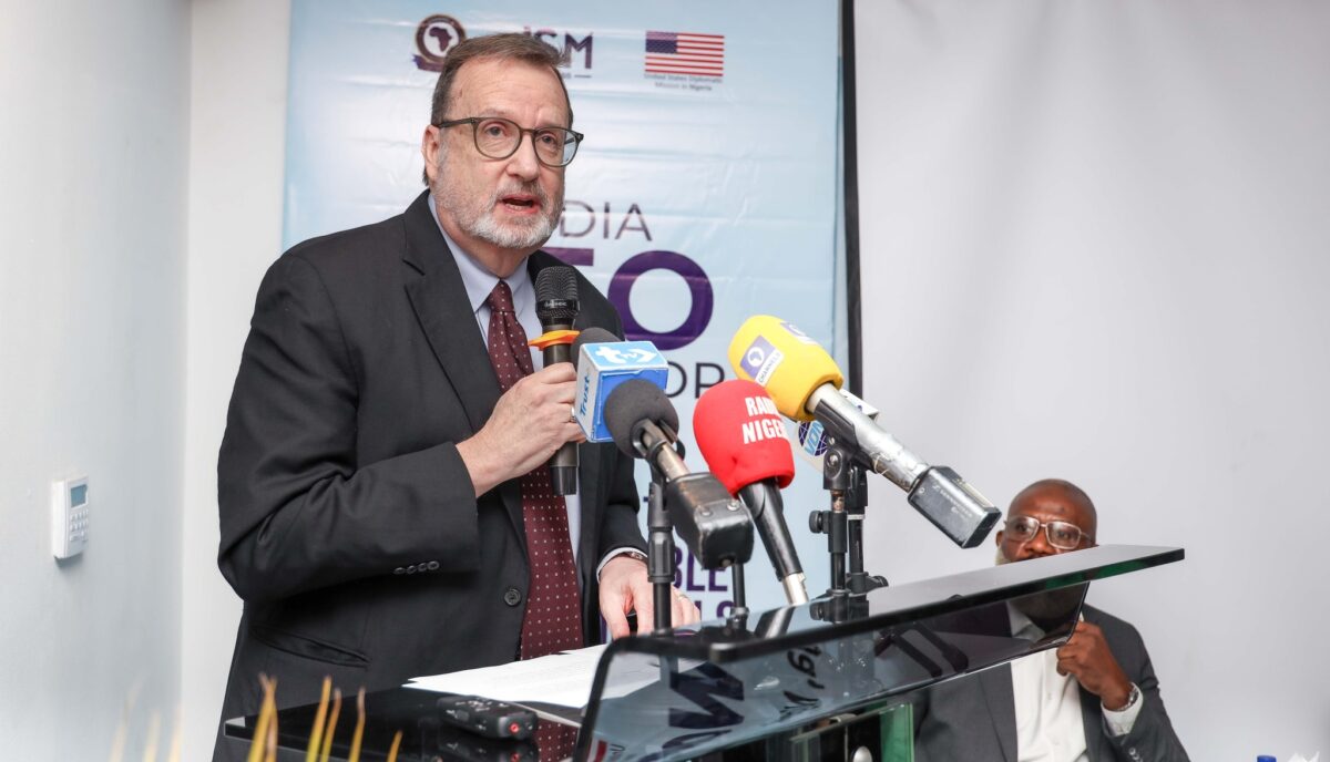 U.S. Ambassador Richard M. Mills, Jr. delivering remarks at the opening of the speaker program in Abuja