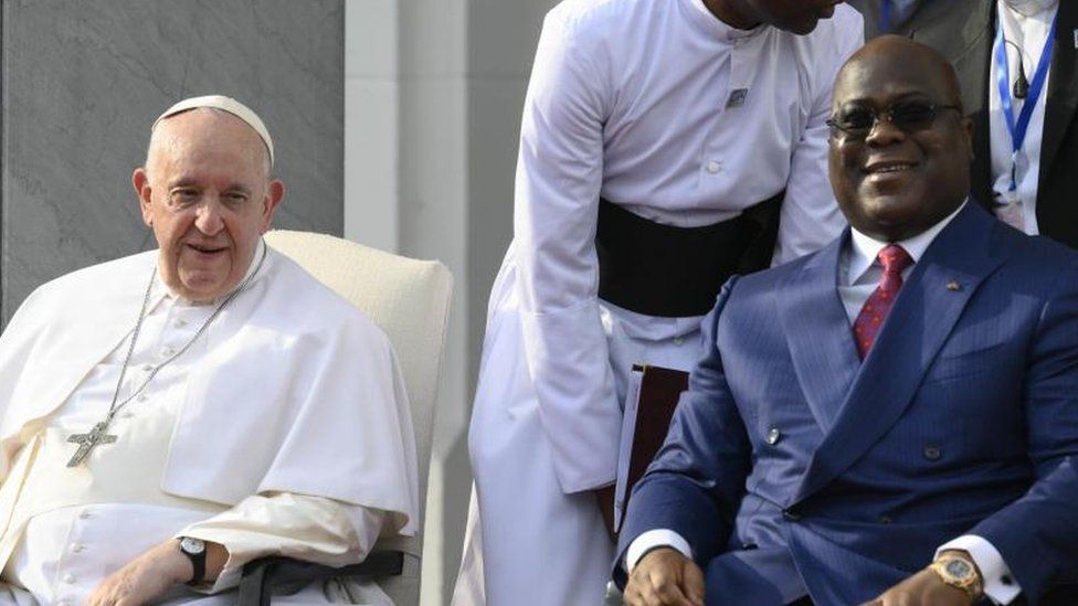 Pope Fancis flanked by Congolese President Félix Tshisekedi in Kinshasa