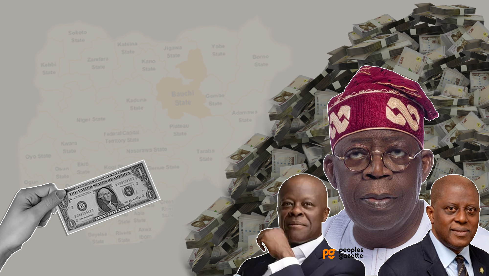 President Bola Tinubu, Wale Edun and Olayemi Cardoso (Credit: Ahmed Oluwasanjo, Debbie Ejemeka/Peoples Gazette)