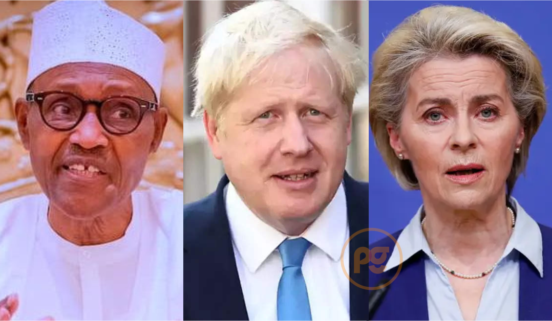 President Muhammadu Buhari, UK Prime Minister, Boris Johnson and EU President Ursula von der Leyen
