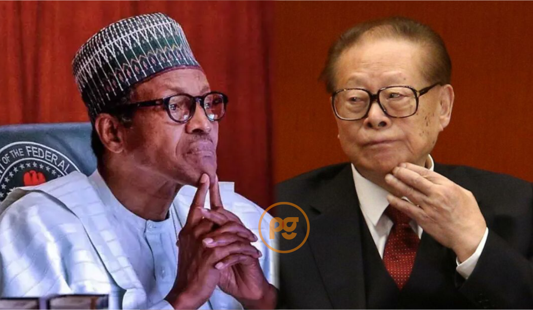 A composite of President Muhammadu Buhari and ex-China President Jiang Zemin used to illustrate the story