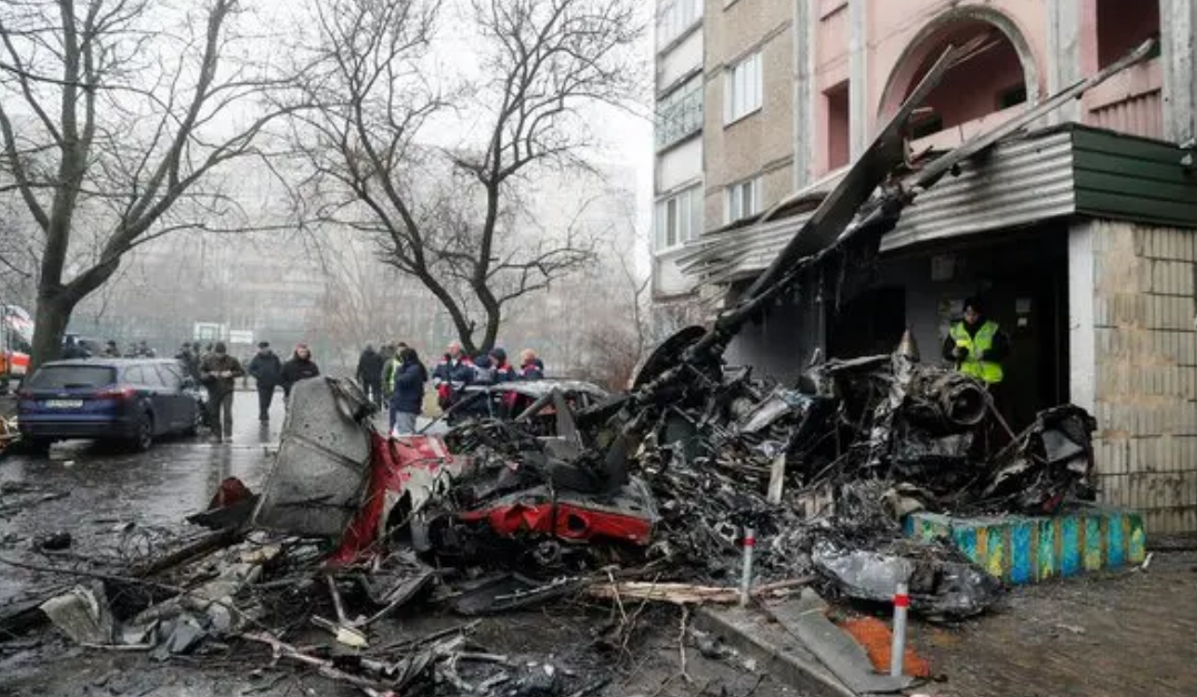 Scene of the crashed helicopter carrying Ukraine interior minister, others
