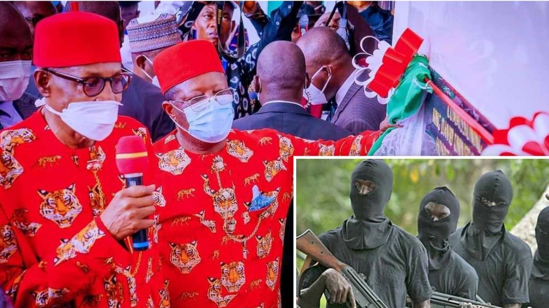 President Muhammadu Buhari and David Umahi/Uknown gunmen composite