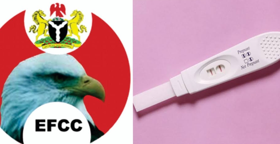 EFCC log and pregnancy test kit used to illustrate this story