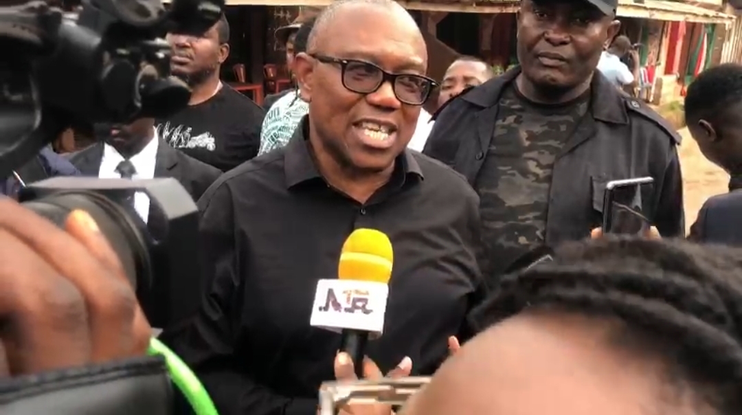 Peter Obi speaking to journalist at his polling unit