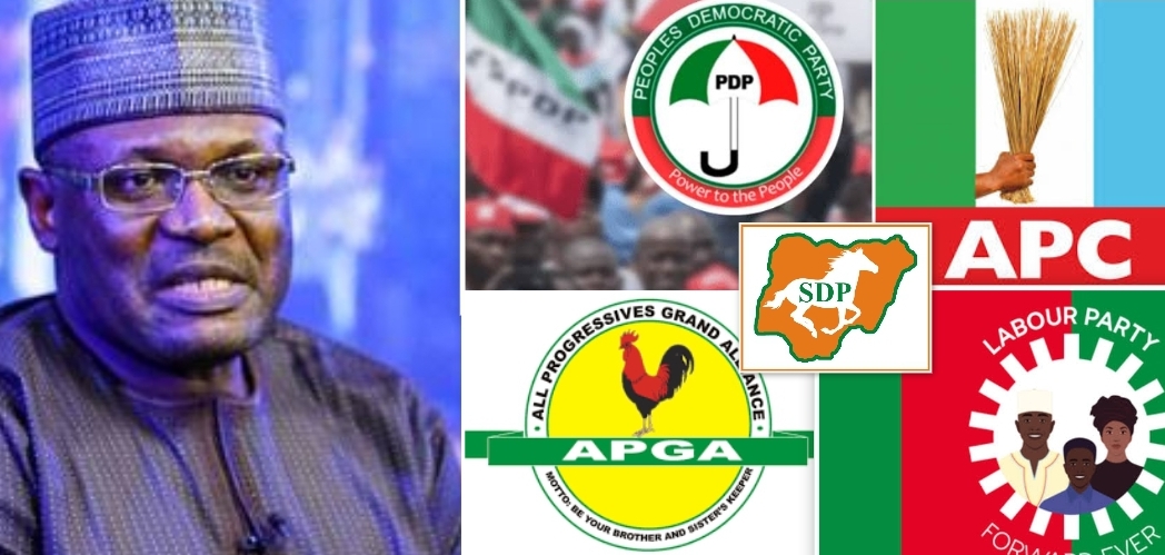INEC chairman Mahmood Yakubu and party logos