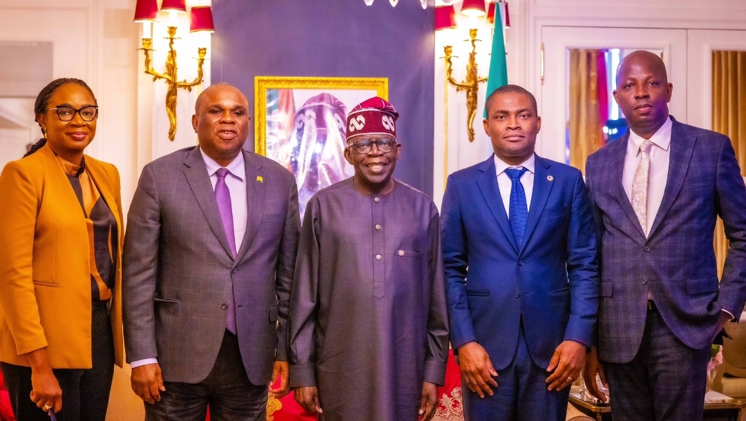 Left-Right: President of European Bank for Reconstruction and Development (EBRD), Odile Renaud–Basso, African Export-Import Bank (Afrexim), Prof. Benedict Oramah, President Bola Tinubu and others in France (Credit: Asiwaju Bola Ahmed Tinubu Media Centre)