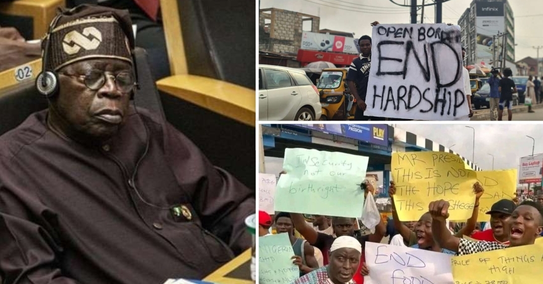 President Bola Tinubu sleeping at AU Session and photos of protesters in Ibadan
