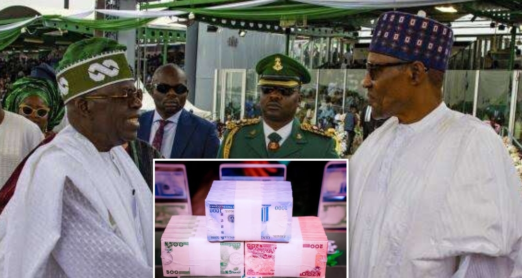 President Bola Tinubu and his predecessor, former President Muhammadu Buhari at inauguration on May 29, 2023. (Credit: APNews) Bundles of new naira notes (Credit: CBN)