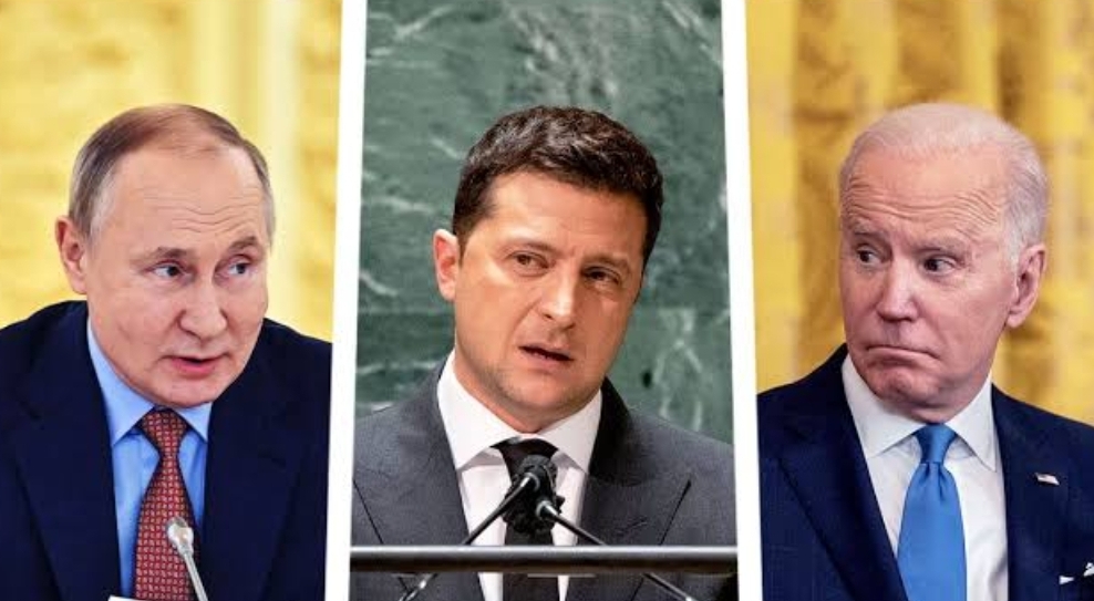 Vladimir Putin, Volodymyr Zelensky and Joe Biden (Credit: Salon)