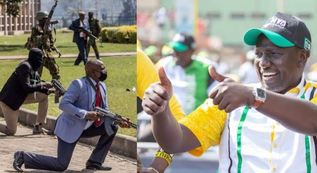 A composite of Kenya police shooting at anti-Finance Bill protesters and President William Ruto