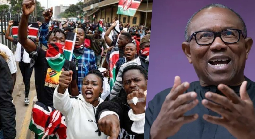 Kenayan protesters and Peter Obi composite used to illustrate this story