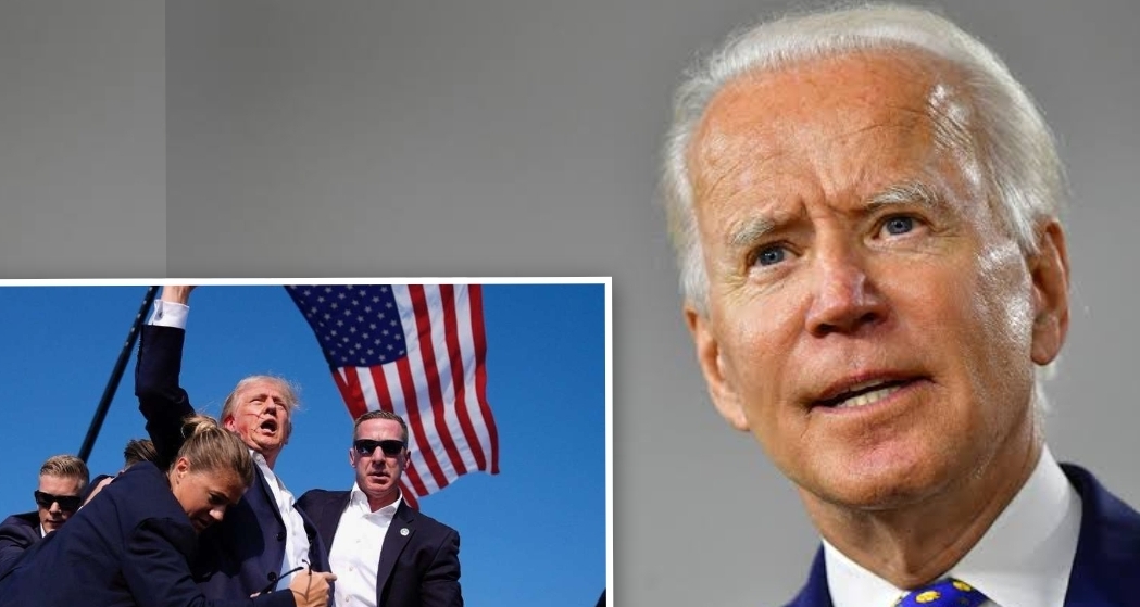 President Joe Biden and Donald Trump with blood stained face composite used to illustrate this story