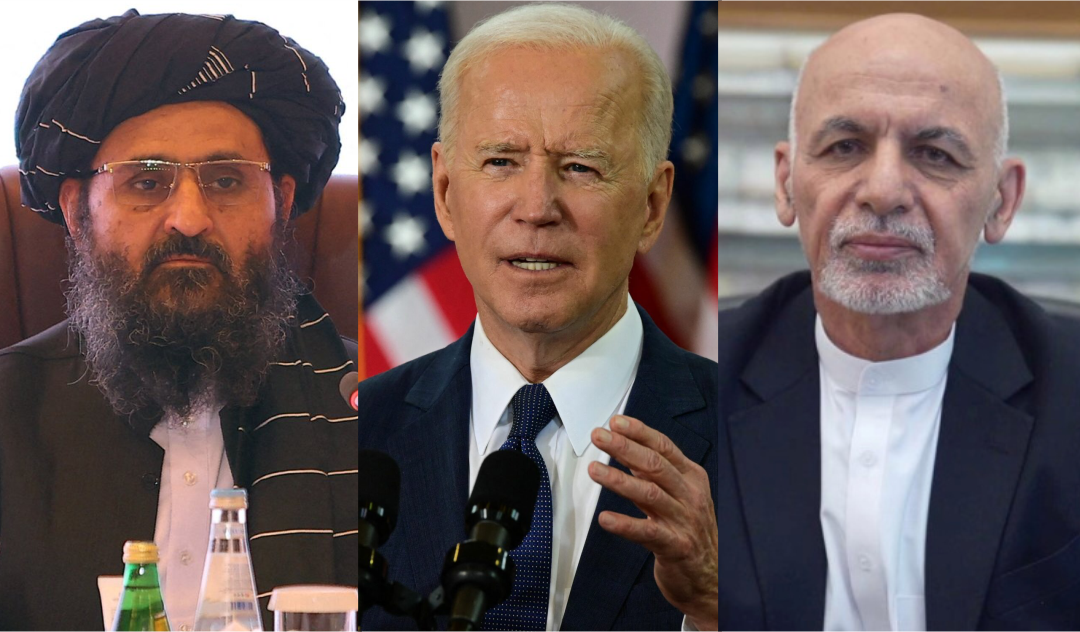 Taliban founder Mullah Abdul Ghani Baradar, President Joe Biden, and Afghanistan President Ashraf Ghani
