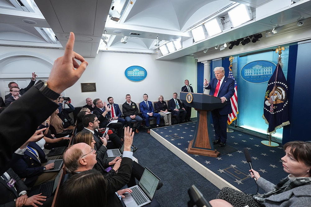 Trump addressing journalists in White House press briefing room