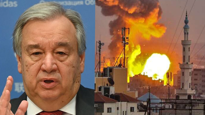 UN Secretary-General, Antonio Guterres and a scene of attack used to illustrate the story.