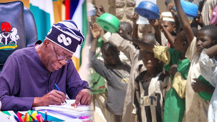 inubu signing document; almajiri kids with empty bowls