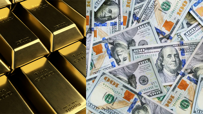 Gold bars and dollar cash