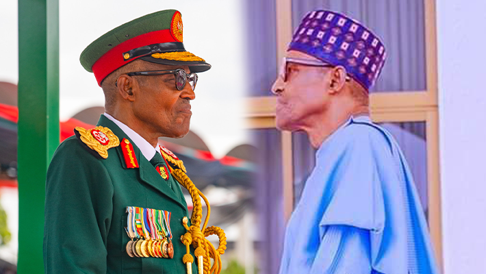 Buhari in military uniform and in agbada
