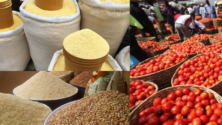 Garri, beans, maize, tomatoes, rice