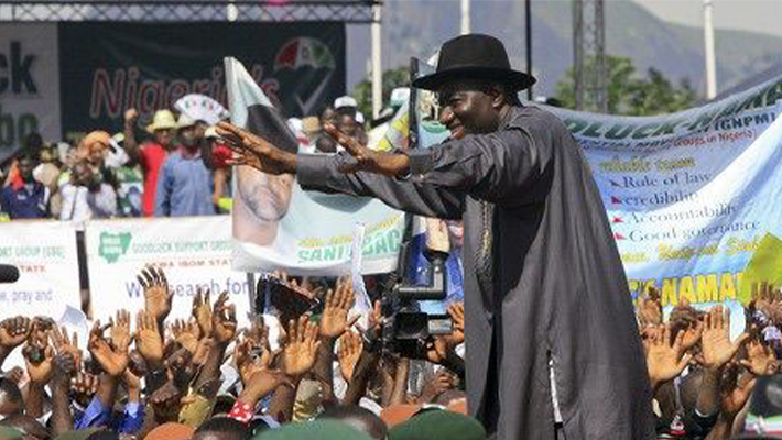 Jonathan addressing supporters