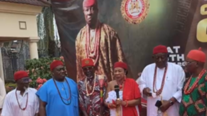 The Omu Ahaba of Asaba Community, Chief Ada Biosah flanked by the Ndi Eze Ahaba, of Asaba community in Sunday in Asaba