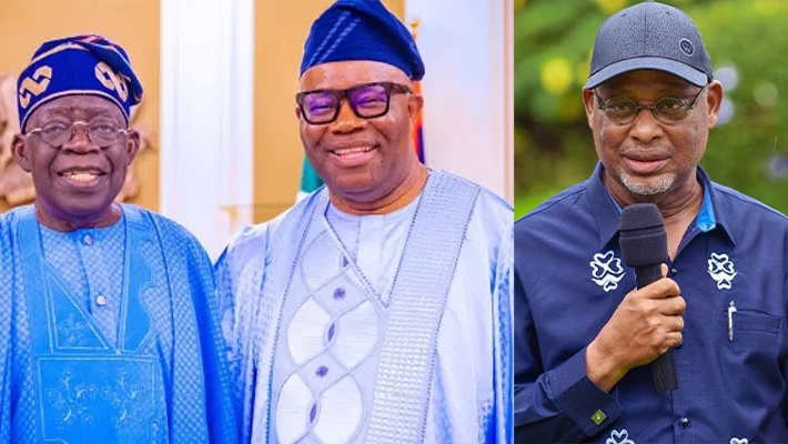 Tinubu standing with Akpabio, Omehia