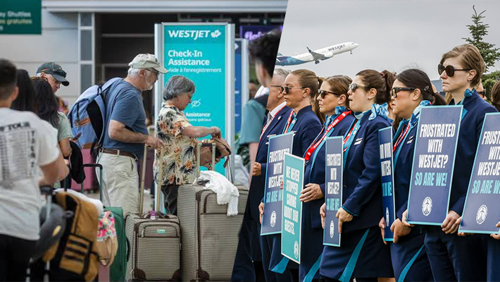 Stranded passengers at WestJet stand and protesting flight attendants.