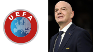 UEFA logo and FIFA president Infantino