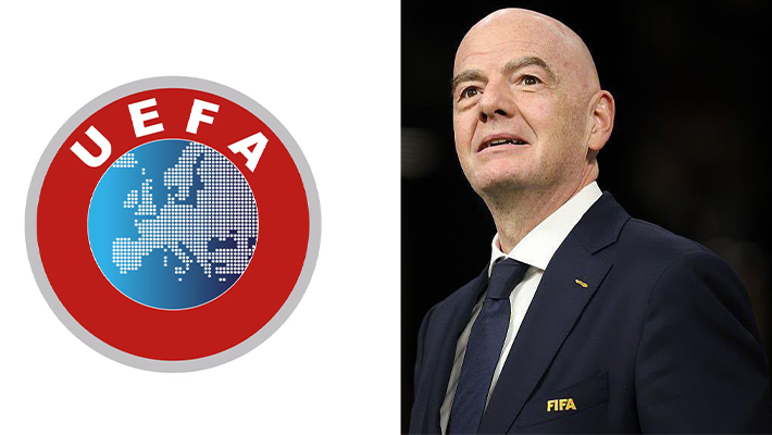 UEFA logo and FIFA president Infantino