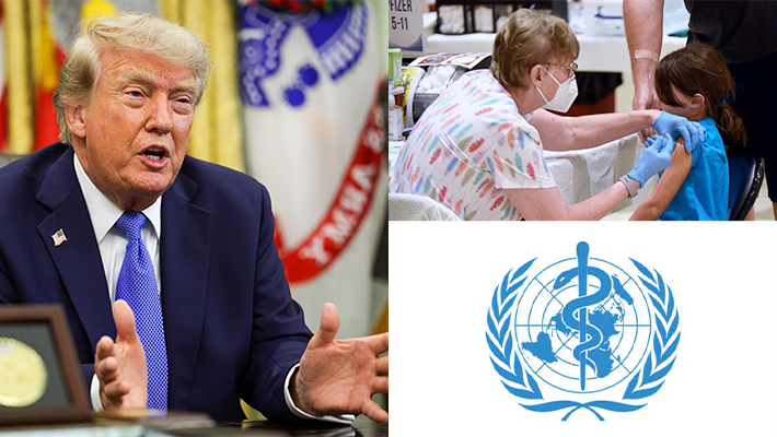 Trump, children undergoing vaccination and the WHO emblem.