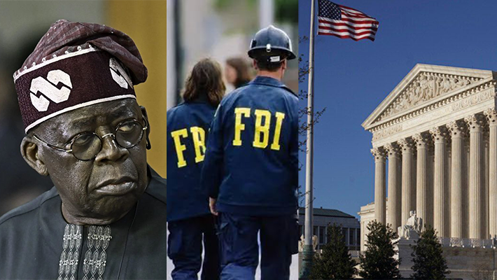 Tinubu/FBI logo and a U.S. court image