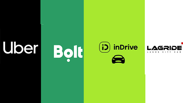 Composite images of Uber, Bolt, inDrive, LagRide