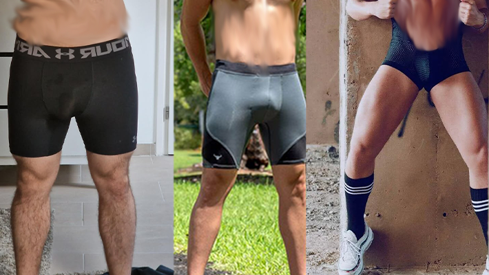 Men in tight shorts showing bulge