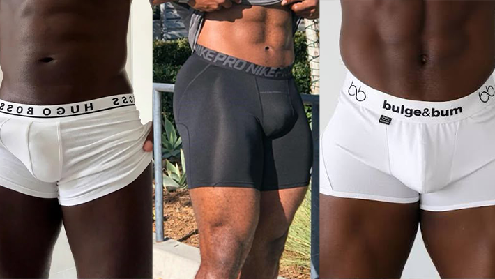Men in tight shorts showing bulge