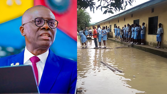 Sanwo-Olu, students in flooded Lagos school