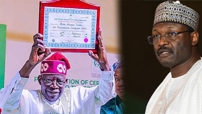 Tinubu showing off his certificate of return; INEC chairman